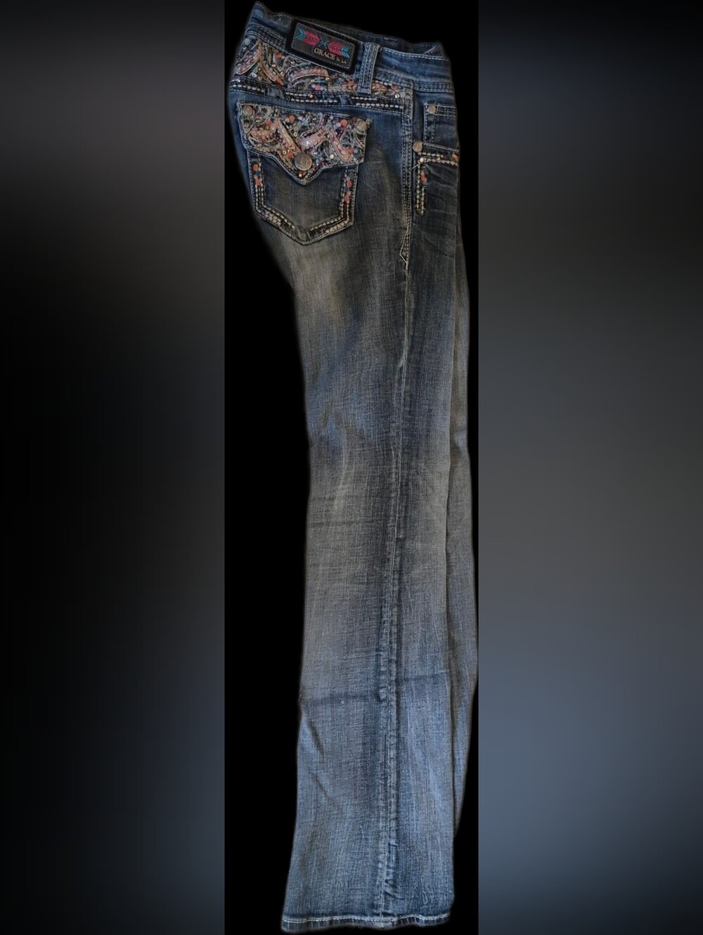 Grace LA Blue Washed Bootcut Jeans with Embellished Colorful Pockets
